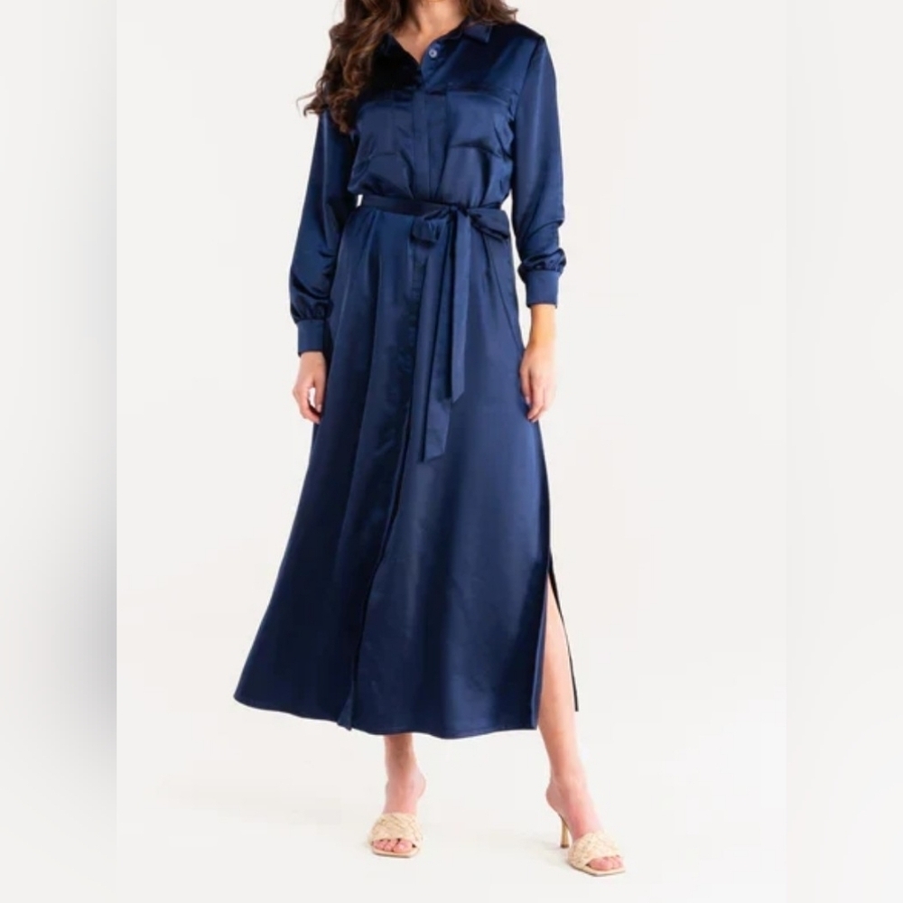 S'EDGE Vesper Satin Shirt Dress In Blue Size Medium.
